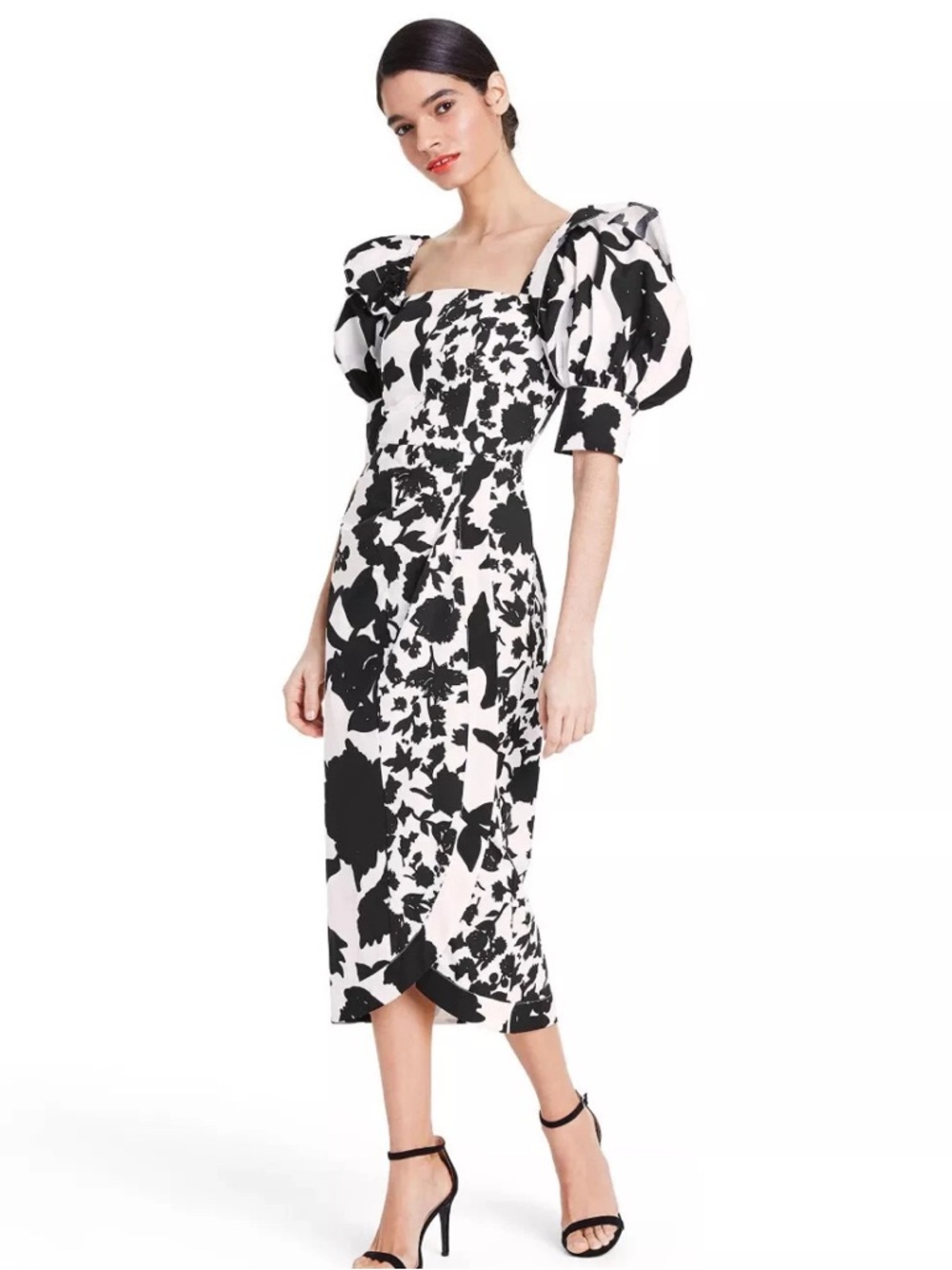 Christopher John Rogers Target Floral Puff Sleeve Faux Wrap Dress BLACK Size 10